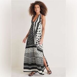 Deep V Halter Venus Maxi Dress Dot Stripe Black White Tie Neck Large Beach Vacay